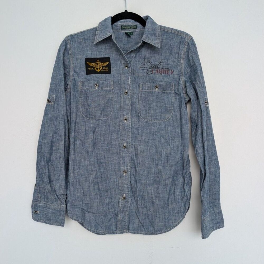 Vintage Ralph Lauren Jeans Co Chambray Patch Western Button Up Shirt Sz XS